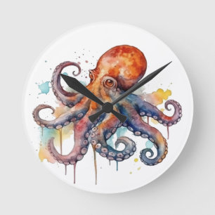 farbiger Oktopus in Aquarellfarbe große Augen Runde Wanduhr