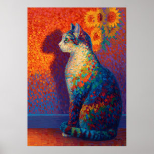Farbiger Pointillismus-Katze mit Sonnenblumen-Kuns Poster