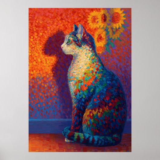 Farbiger Pointillismus-Katze mit Sonnenblumen-Kuns Poster (Vorne)
