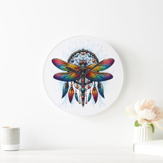 Farbiger psychedelischer Libellen-Traumfänger Boho Große Wanduhr (Zuhause)