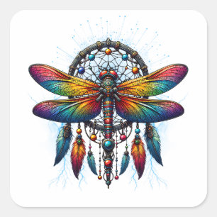Farbiger psychedelischer Libellen-Traumfänger Boho Quadratischer Aufkleber