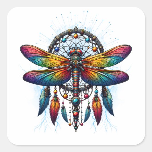 Farbiger psychedelischer Libellen-Traumfänger Boho Quadratischer Aufkleber (Vorderseite)