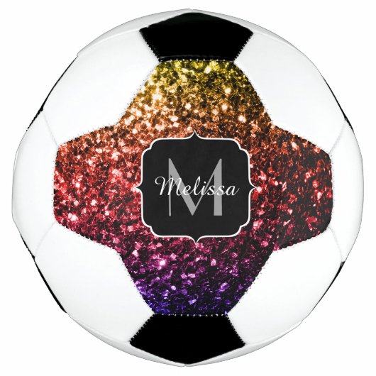 Farbiger Rainbow-Glitzer-Funkel Monogram-Name Fußball (Vorderseite)
