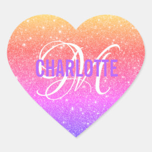 Farbiger Rainbow-Glitzer Monogramm-Name Herz-Aufkleber