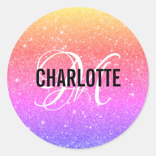 Farbiger Rainbow-Glitzer Monogramm-Name Runder Aufkleber (Vorderseite)