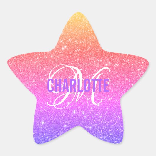 Farbiger Rainbow-Glitzer Monogramm-Name Stern-Aufkleber (Vorderseite)