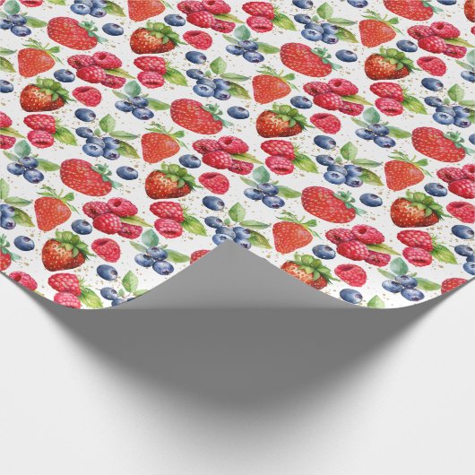 Farbiger Red Summer Berries Pattern Gold Glitzer Geschenkpapier (Ecke)