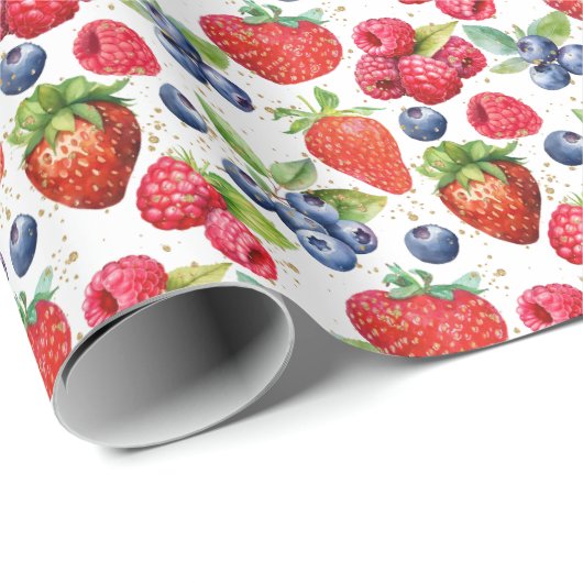 Farbiger Red Summer Berries Pattern Gold Glitzer Geschenkpapier (Rolleneckpunkt)
