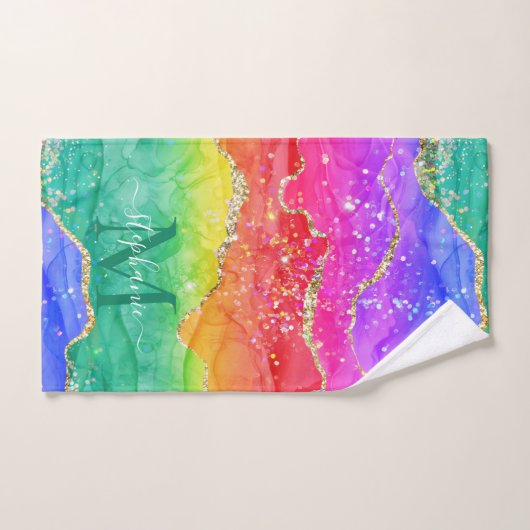 Farbiger Regenbogen-Glitzer Gold Agate Monogram Badhandtuch Set (Handtuch)
