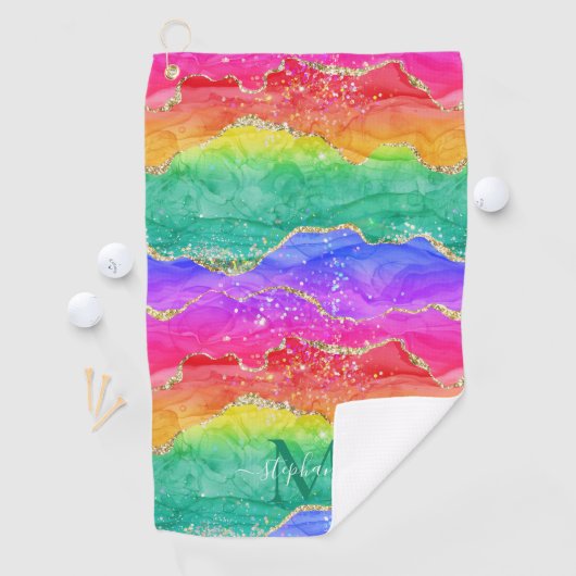 Farbiger Regenbogen-Glitzer Gold Agate Monogram Golfhandtuch (Insitu)