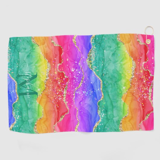 Farbiger Regenbogen-Glitzer Gold Agate Monogram Golfhandtuch (Horizontal)