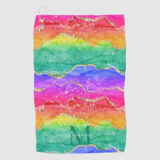 Farbiger Regenbogen-Glitzer Gold Agate Monogram Golfhandtuch (Vorderseite)