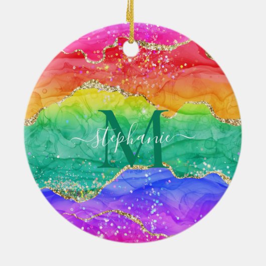 Farbiger Regenbogen-Glitzer Gold Agate Monogram Keramik Ornament (Hinten)
