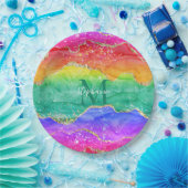 Farbiger Regenbogen-Glitzer Gold Agate Monogram Pappteller (Party)