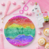 Farbiger Regenbogen-Glitzer Gold Agate Monogram Pappteller (Party)