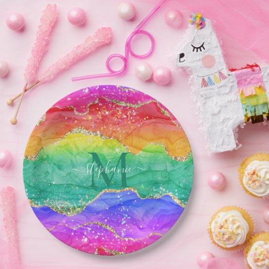 Farbiger Regenbogen-Glitzer Gold Agate Monogram Pappteller (Party)