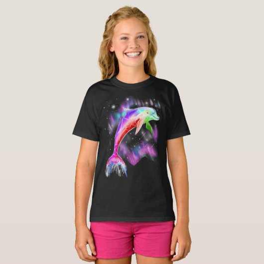 Farbiger Regenbogen Rosa Delphin Ocean Galaxy Raum T-Shirt (Vorne ganz)