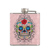 Farbiger Retro Blumenzucker Schädel Rote Rose 2d Flachmann (Rückseite)