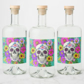 farbiger Schädel mit Blume Alkoholflaschenetikett (Flaschen)