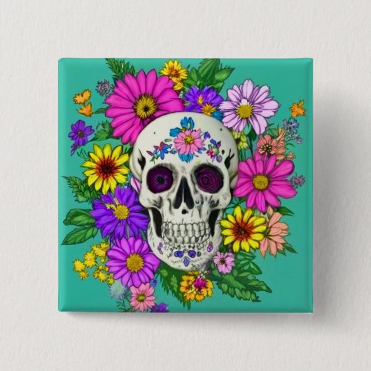 farbiger Schädel mit Blume Button (Vorderseite)