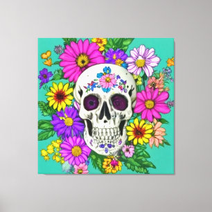 farbiger Schädel mit Blume Leinwanddruck