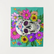 farbiger Schädel mit Blume Tapisserie