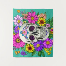 farbiger Schädel mit Blume Tapisserie Wandteppich