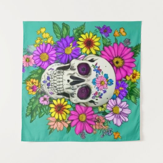 farbiger Schädel mit Blume Wandteppich (Vorderseite (Horizontal))