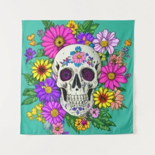 farbiger Schädel mit Blume Wandteppich (Vorderseite)