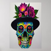 Farbiger Schädel mit Hut und Blume | Art der AI Poster (Vorne)