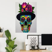 Farbiger Schädel mit Hut und Blume | Art der AI Poster (Heimbüro)