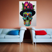 Farbiger Schädel mit Hut und Blume | Art der AI Poster