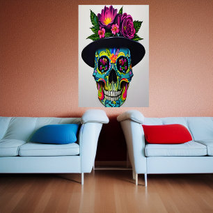 Farbiger Schädel mit Hut und Blume Art der AI Poster