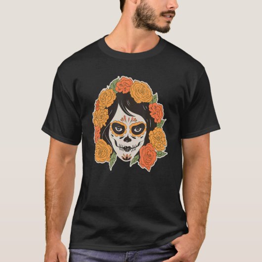 Farbiger Schädel und Blume T-Shirt (Vorderseite)