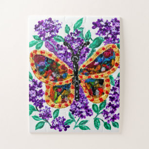 Farbiger Schmetterling zwischen violetten Blüten Puzzle