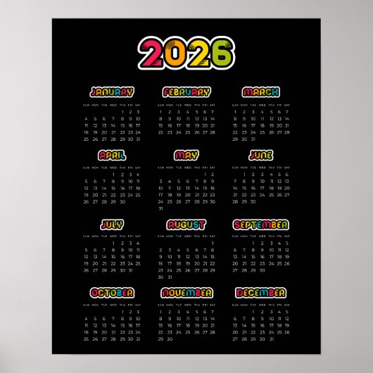 Farbiger Schwarzer Kalender 2025 Poster (Vorne)