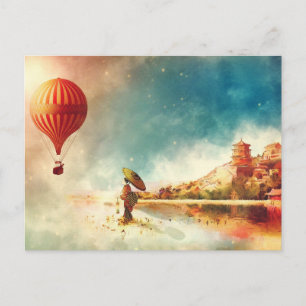 Farbiger schwebender Heißluftballon fliegt Japan  Postkarte