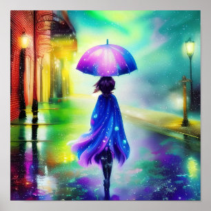 Farbiger Spaziergang im Regen Poster