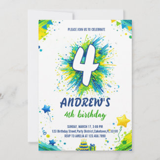 Farbiger Spritzfarbe Junge Blau Grüne Geburtstag Einladung