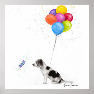 Farbiger Stift Zeichnend Beagle Hund und Balloons Poster