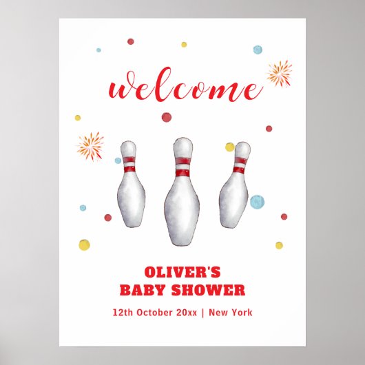 Farbiger Strike Up Bowling Baby Shower Willkommen Poster (Vorne)