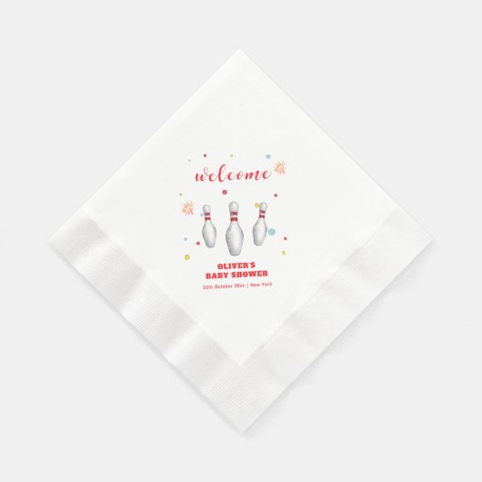 Farbiger Strike Up Bowling Baby Shower Willkommen Serviette (Ecke)