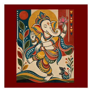 Farbiger tanzender Ganesha - Indische Volks-Tribal Poster