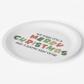 Farbiger Text frohe Weihnachten glücklich neues Ja Pappteller (Schrägansicht)