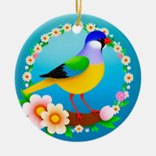 Farbiger Vogel auf Ast eingerahmt mit Blumen Keramik Ornament