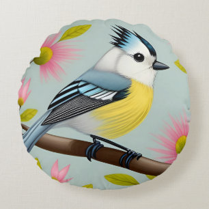 Farbiger Vogel auf Ast eingerahmt mit Blumen Rundes Kissen
