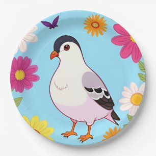 Farbiger Vogel auf Ast gerahmt mit Blumen Pappteller