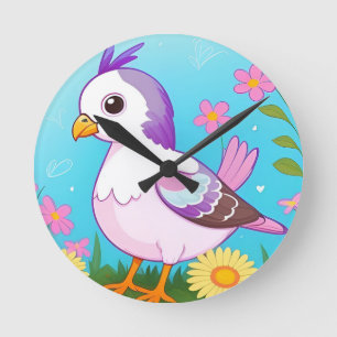 Farbiger Vogel auf Ast gerahmt mit Blumen Runde Wanduhr