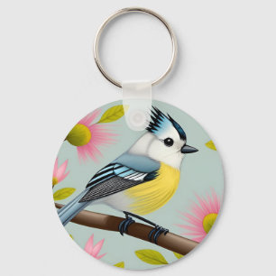 Farbiger Vogel auf Ast gerahmt mit Blumen Schlüsselanhänger
