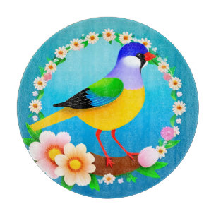 Farbiger Vogel auf Ast gerahmt mit Blumen Schneidebrett
